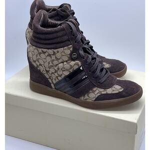 Coach Alara Women's Brown Signature Jacquard & Suede Hidden Wedge Sneakers 7.5M